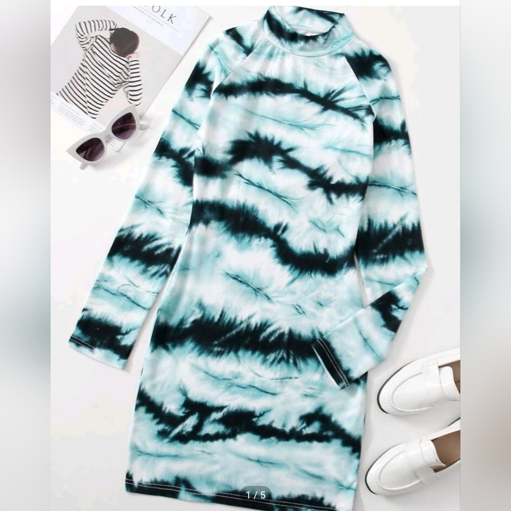 Tie-Dye Mock Neck Long Sleeve Dress